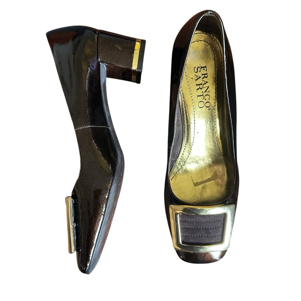 Franco Sarto Gold Buckle Block Heel Patent Leather Metallic Bronze 6.5